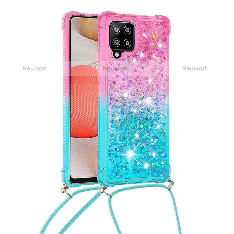 Silicone Candy Rubber TPU Bling-Bling Soft Case Cover with Lanyard Strap S01 for Samsung Galaxy A42 5G Pink