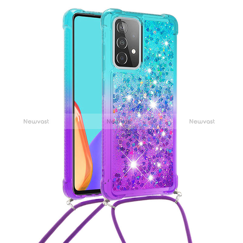 Silicone Candy Rubber TPU Bling-Bling Soft Case Cover with Lanyard Strap S01 for Samsung Galaxy A52s 5G Sky Blue