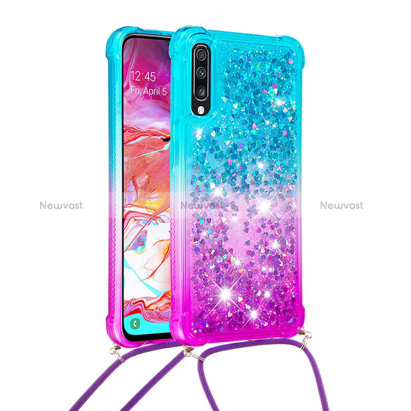 Silicone Candy Rubber TPU Bling-Bling Soft Case Cover with Lanyard Strap S01 for Samsung Galaxy A70 Sky Blue