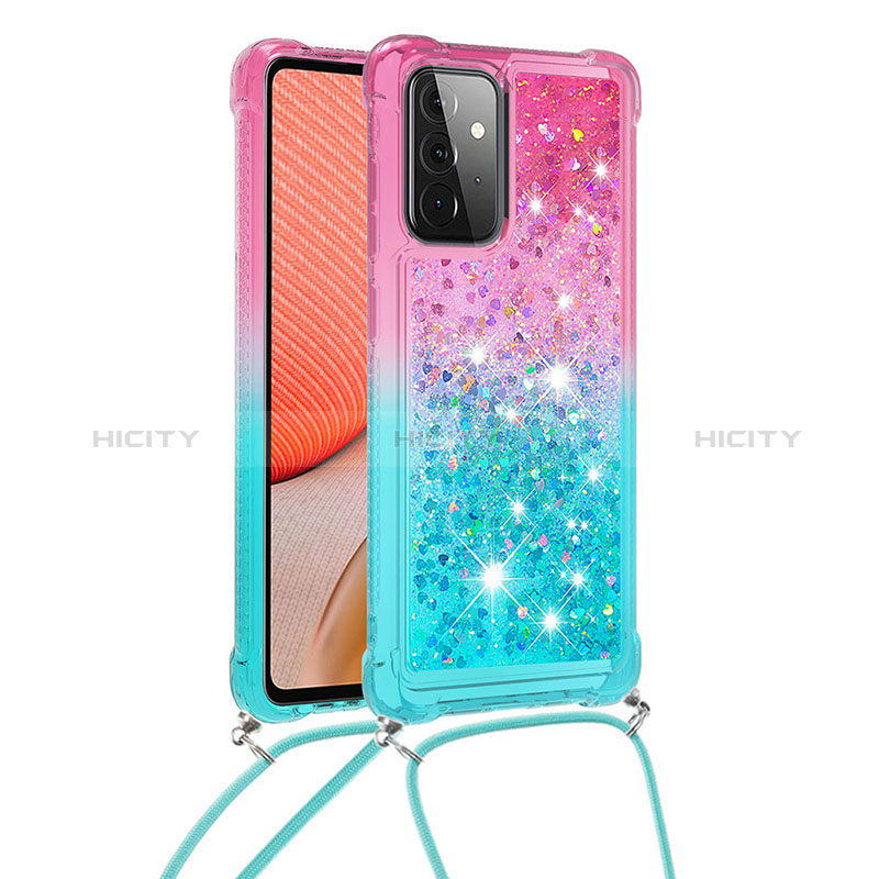Silicone Candy Rubber TPU Bling-Bling Soft Case Cover with Lanyard Strap S01 for Samsung Galaxy A72 4G Pink