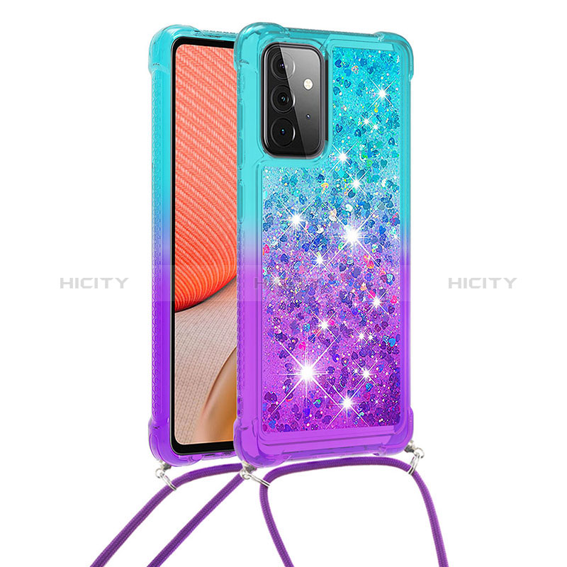 Silicone Candy Rubber TPU Bling-Bling Soft Case Cover with Lanyard Strap S01 for Samsung Galaxy A72 4G Sky Blue