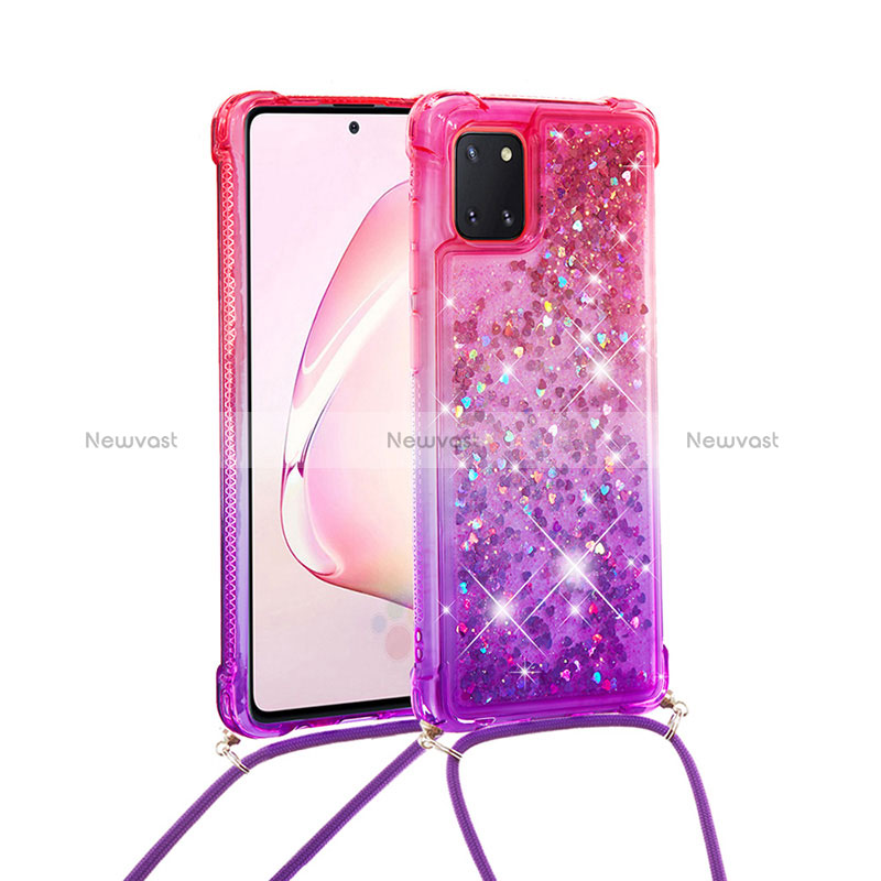 Silicone Candy Rubber TPU Bling-Bling Soft Case Cover with Lanyard Strap S01 for Samsung Galaxy A81 Hot Pink