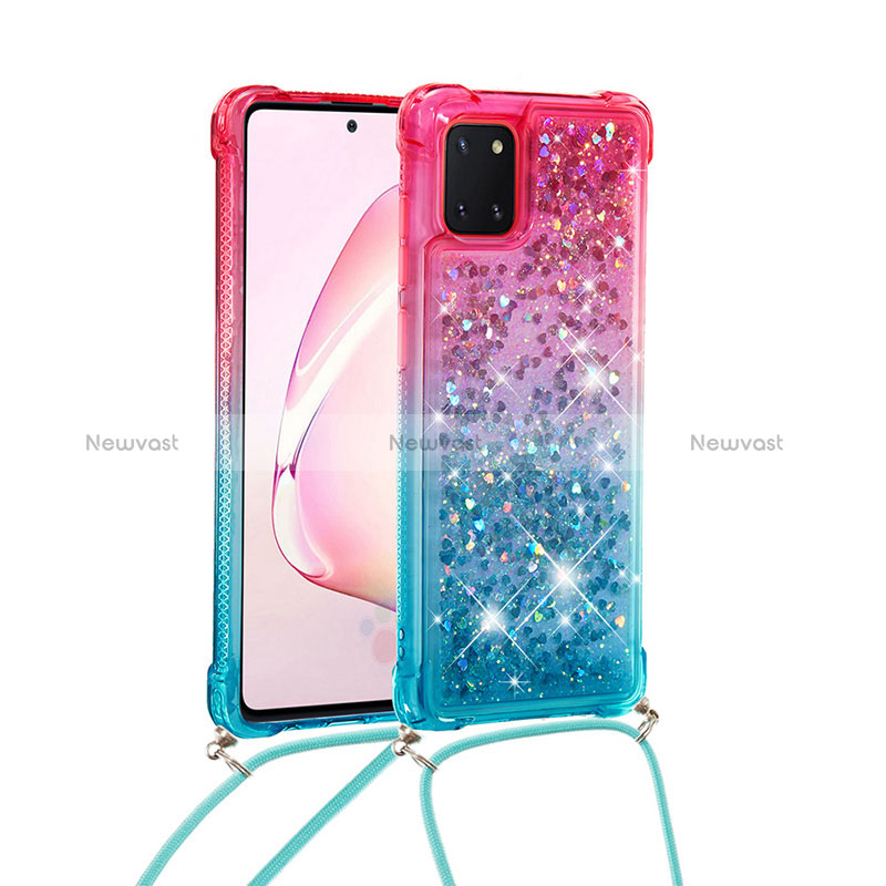 Silicone Candy Rubber TPU Bling-Bling Soft Case Cover with Lanyard Strap S01 for Samsung Galaxy A81 Pink