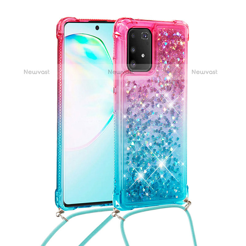 Silicone Candy Rubber TPU Bling-Bling Soft Case Cover with Lanyard Strap S01 for Samsung Galaxy A91 Pink