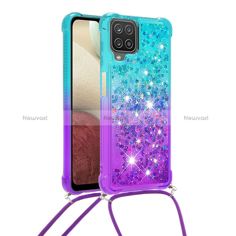 Silicone Candy Rubber TPU Bling-Bling Soft Case Cover with Lanyard Strap S01 for Samsung Galaxy M12 Sky Blue