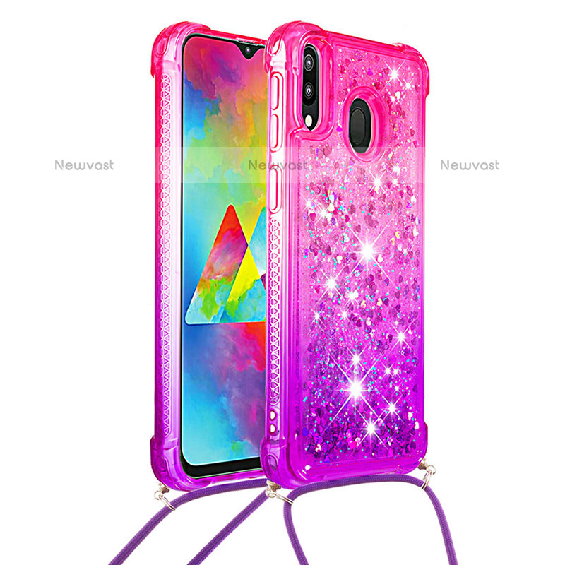 Silicone Candy Rubber TPU Bling-Bling Soft Case Cover with Lanyard Strap S01 for Samsung Galaxy M20 Hot Pink