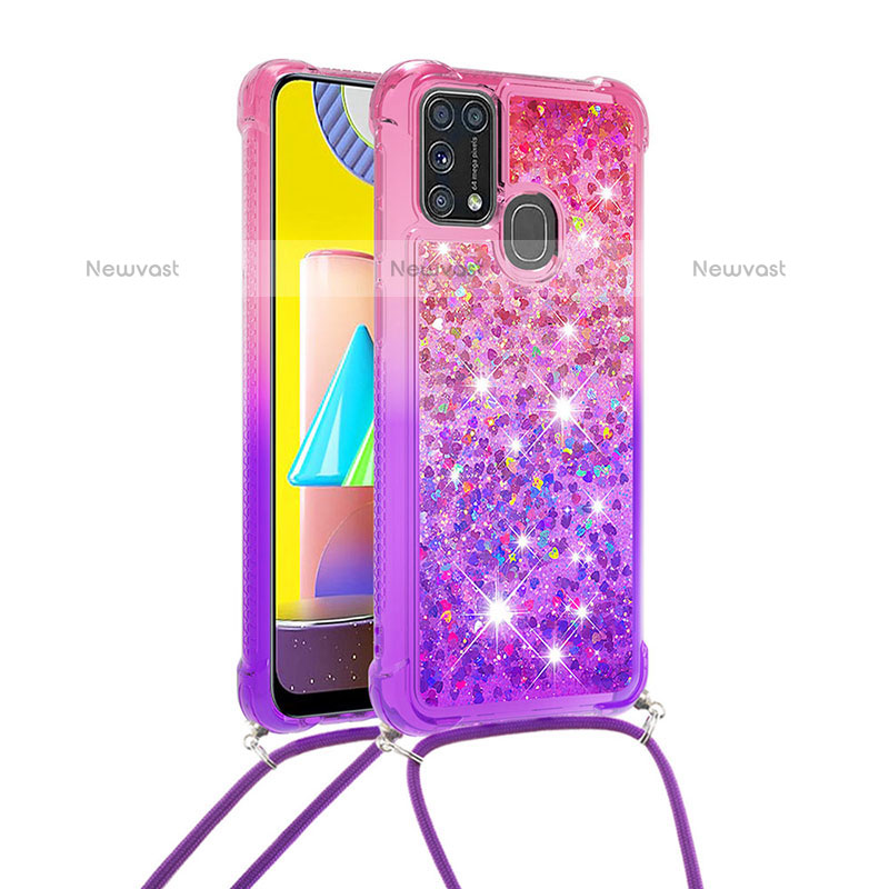 Silicone Candy Rubber TPU Bling-Bling Soft Case Cover with Lanyard Strap S01 for Samsung Galaxy M31 Hot Pink