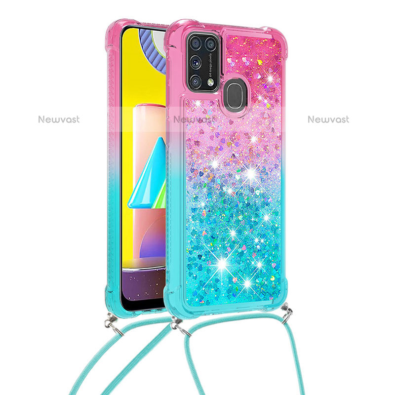 Silicone Candy Rubber TPU Bling-Bling Soft Case Cover with Lanyard Strap S01 for Samsung Galaxy M31 Pink