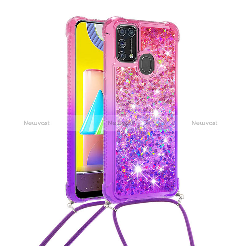 Silicone Candy Rubber TPU Bling-Bling Soft Case Cover with Lanyard Strap S01 for Samsung Galaxy M31 Prime Edition Hot Pink