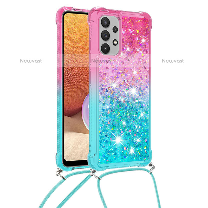 Silicone Candy Rubber TPU Bling-Bling Soft Case Cover with Lanyard Strap S01 for Samsung Galaxy M32 5G Pink