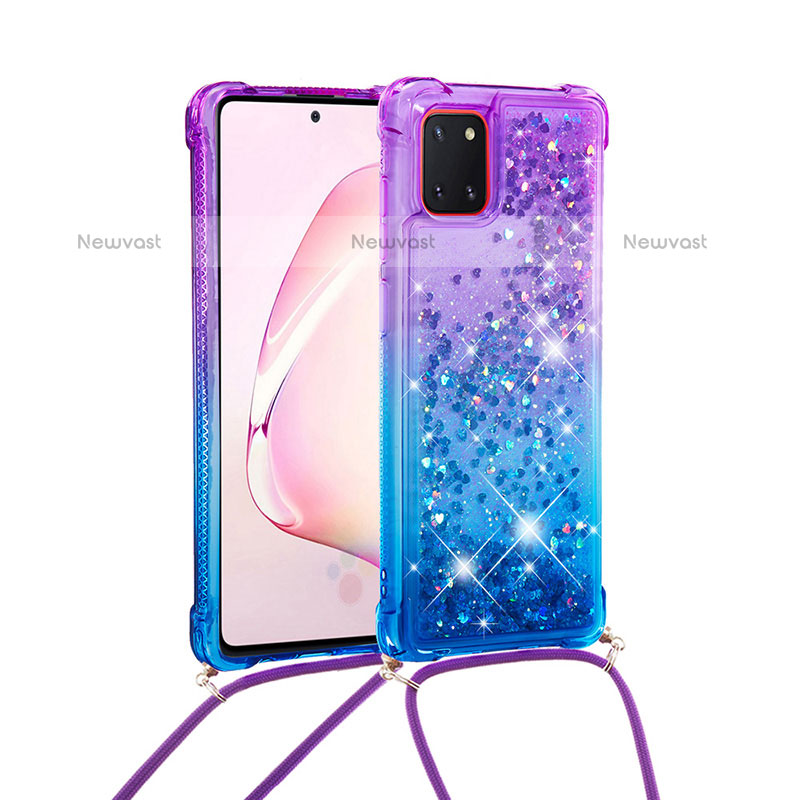 Silicone Candy Rubber TPU Bling-Bling Soft Case Cover with Lanyard Strap S01 for Samsung Galaxy Note 10 Lite Purple