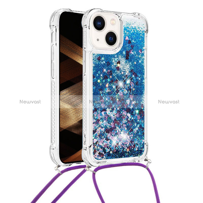 Silicone Candy Rubber TPU Bling-Bling Soft Case Cover with Lanyard Strap S02 for Apple iPhone 13 Blue