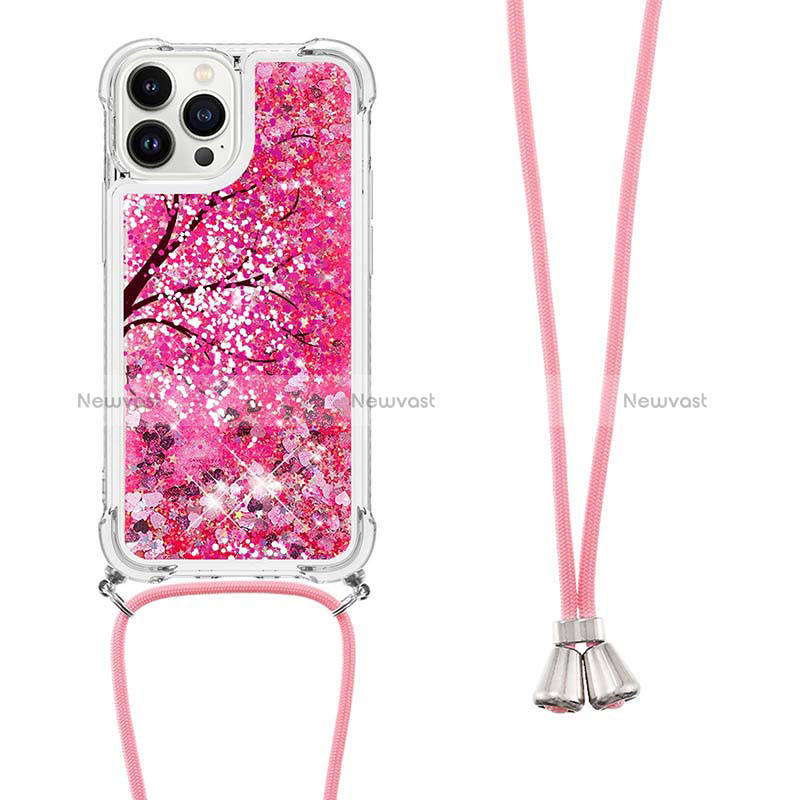 Silicone Candy Rubber TPU Bling-Bling Soft Case Cover with Lanyard Strap S02 for Apple iPhone 13 Pro Max Red