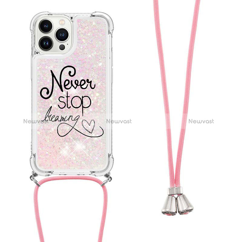 Silicone Candy Rubber TPU Bling-Bling Soft Case Cover with Lanyard Strap S02 for Apple iPhone 13 Pro Rose Gold