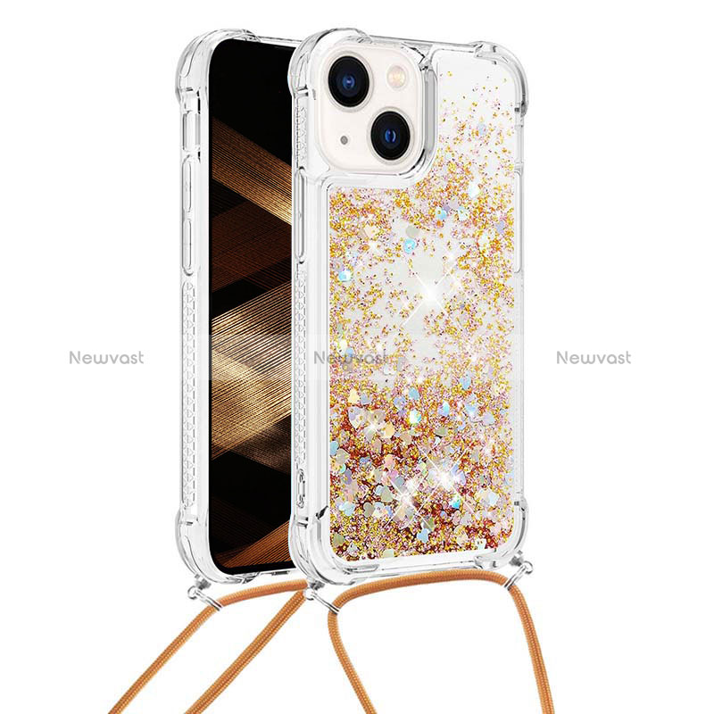 Silicone Candy Rubber TPU Bling-Bling Soft Case Cover with Lanyard Strap S02 for Apple iPhone 14 Gold