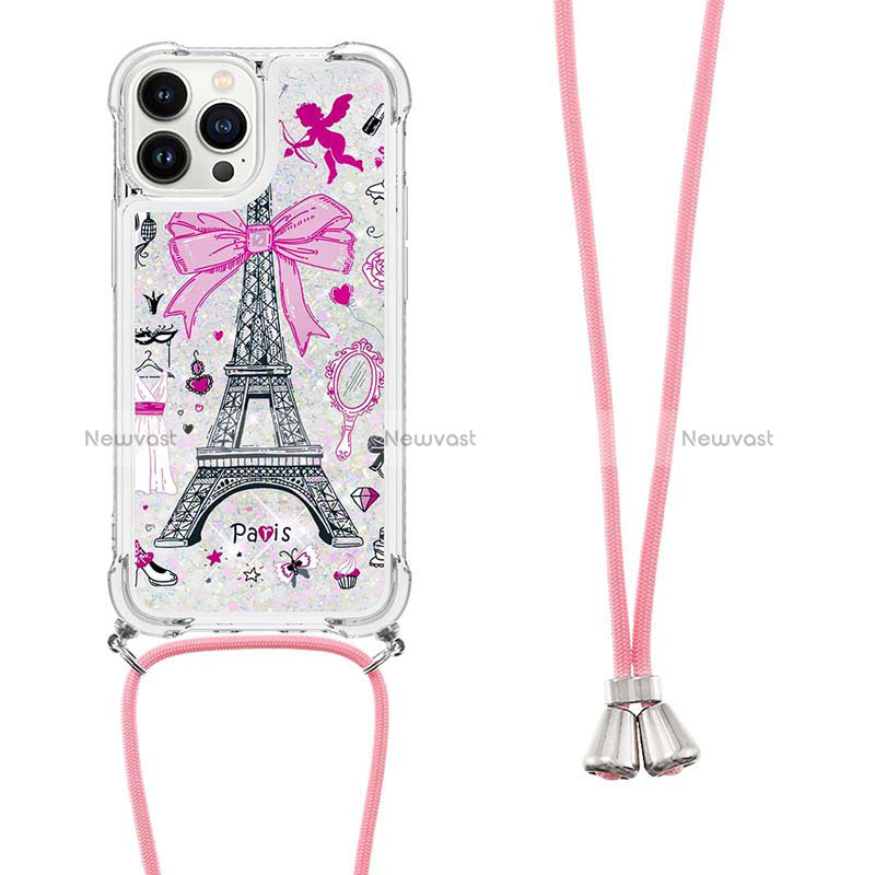 Silicone Candy Rubber TPU Bling-Bling Soft Case Cover with Lanyard Strap S02 for Apple iPhone 14 Pro White