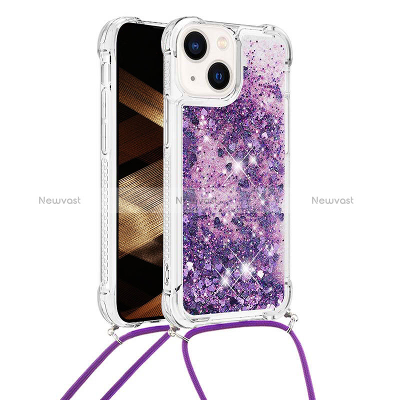 Silicone Candy Rubber TPU Bling-Bling Soft Case Cover with Lanyard Strap S02 for Apple iPhone 14 Purple