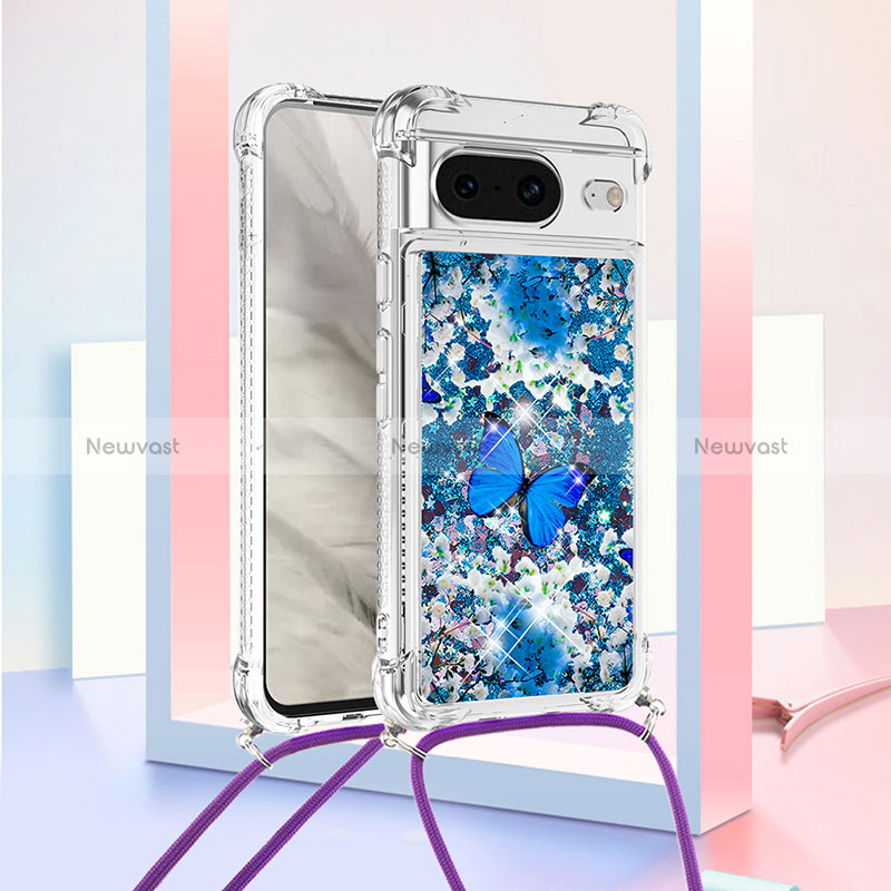 Silicone Candy Rubber TPU Bling-Bling Soft Case Cover with Lanyard Strap S02 for Google Pixel 8 5G Blue