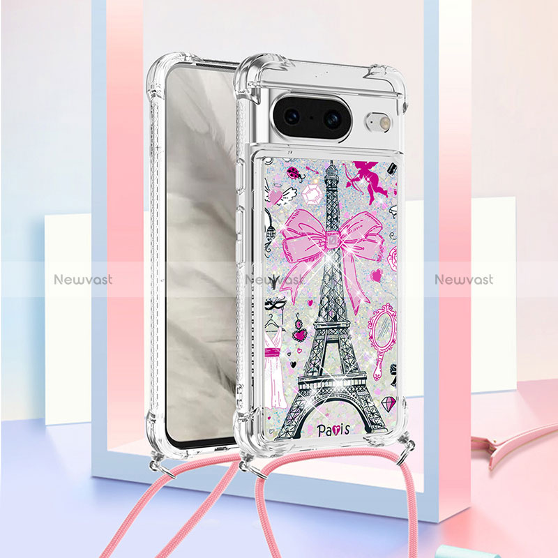 Silicone Candy Rubber TPU Bling-Bling Soft Case Cover with Lanyard Strap S02 for Google Pixel 8 5G Pink