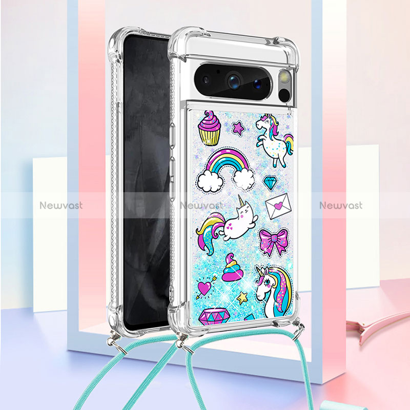 Silicone Candy Rubber TPU Bling-Bling Soft Case Cover with Lanyard Strap S02 for Google Pixel 8 Pro 5G Sky Blue