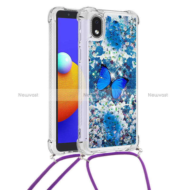 Silicone Candy Rubber TPU Bling-Bling Soft Case Cover with Lanyard Strap S02 for Samsung Galaxy A01 Core Blue