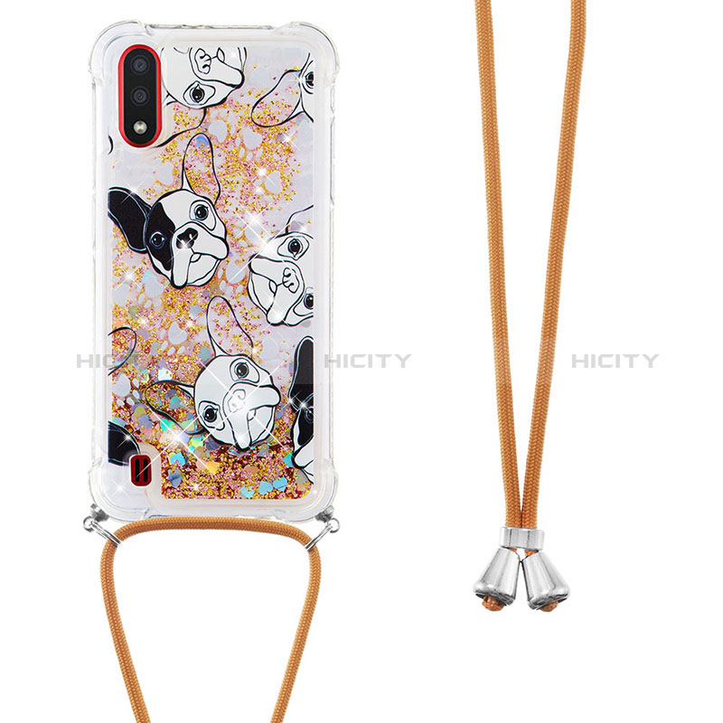 Silicone Candy Rubber TPU Bling-Bling Soft Case Cover with Lanyard Strap S02 for Samsung Galaxy A01 SM-A015 Gold