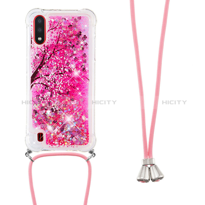 Silicone Candy Rubber TPU Bling-Bling Soft Case Cover with Lanyard Strap S02 for Samsung Galaxy A01 SM-A015 Hot Pink