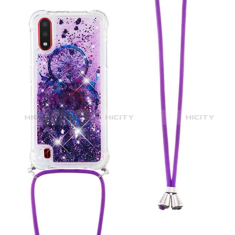 Silicone Candy Rubber TPU Bling-Bling Soft Case Cover with Lanyard Strap S02 for Samsung Galaxy A01 SM-A015 Purple