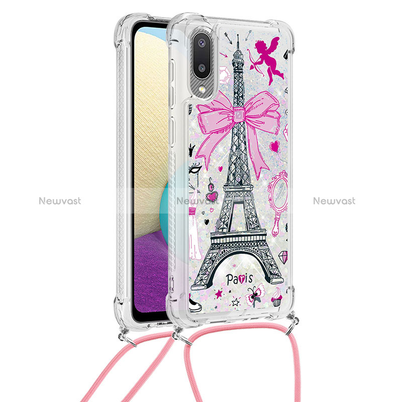 Silicone Candy Rubber TPU Bling-Bling Soft Case Cover with Lanyard Strap S02 for Samsung Galaxy A02