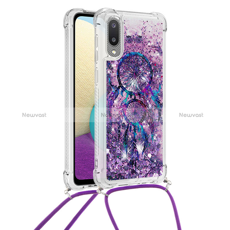 Silicone Candy Rubber TPU Bling-Bling Soft Case Cover with Lanyard Strap S02 for Samsung Galaxy A02 Purple