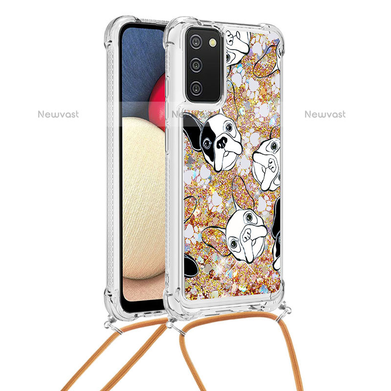 Silicone Candy Rubber TPU Bling-Bling Soft Case Cover with Lanyard Strap S02 for Samsung Galaxy A02s Gold