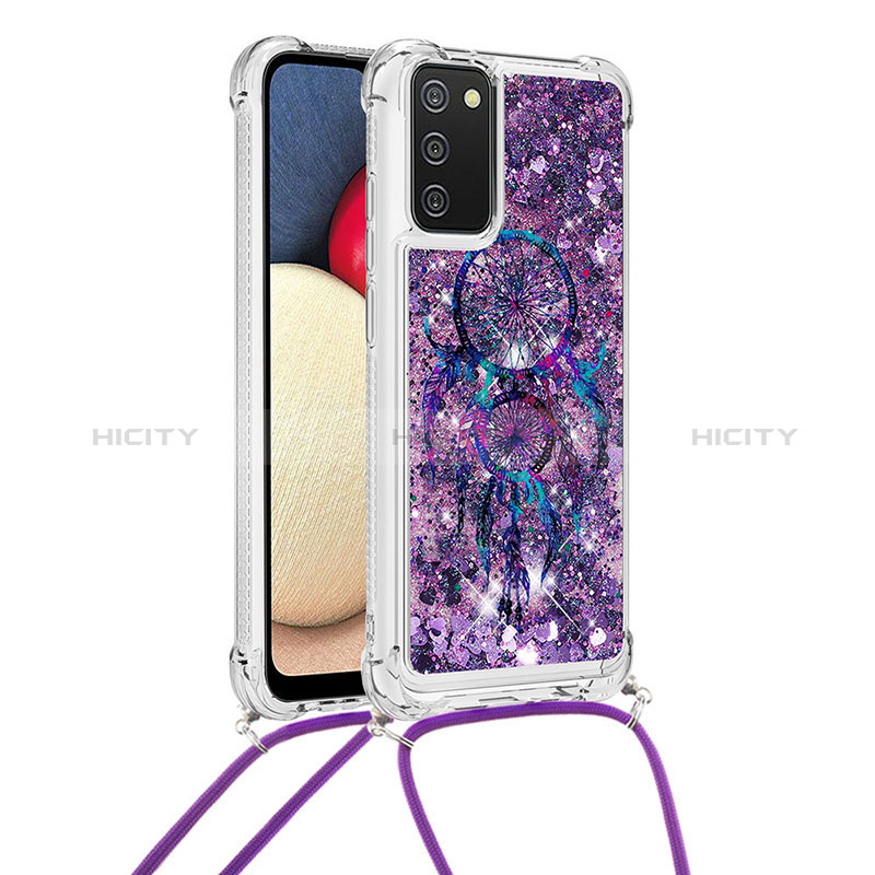 Silicone Candy Rubber TPU Bling-Bling Soft Case Cover with Lanyard Strap S02 for Samsung Galaxy A03s Purple