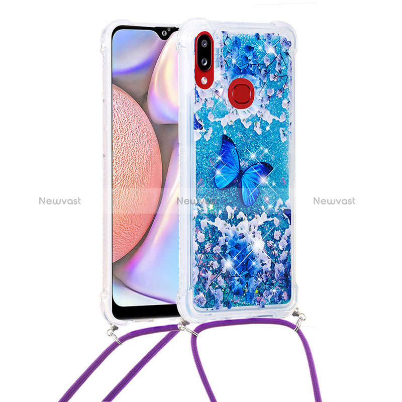 Silicone Candy Rubber TPU Bling-Bling Soft Case Cover with Lanyard Strap S02 for Samsung Galaxy A10s Blue