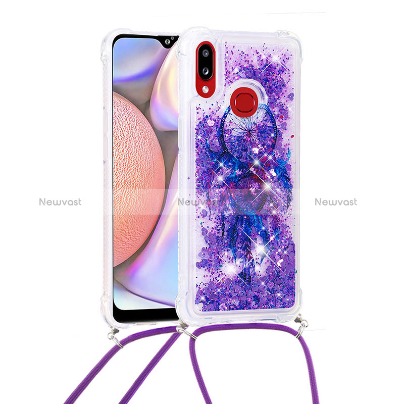Silicone Candy Rubber TPU Bling-Bling Soft Case Cover with Lanyard Strap S02 for Samsung Galaxy A10s Purple