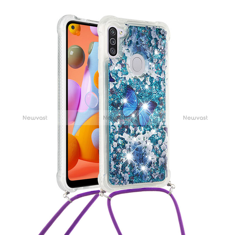 Silicone Candy Rubber TPU Bling-Bling Soft Case Cover with Lanyard Strap S02 for Samsung Galaxy A11 Blue