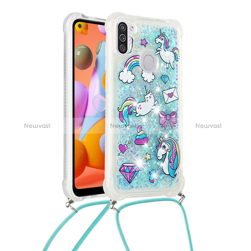 Silicone Candy Rubber TPU Bling-Bling Soft Case Cover with Lanyard Strap S02 for Samsung Galaxy A11 Sky Blue