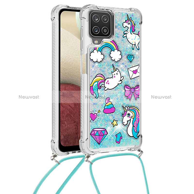 Silicone Candy Rubber TPU Bling-Bling Soft Case Cover with Lanyard Strap S02 for Samsung Galaxy A12 5G Sky Blue