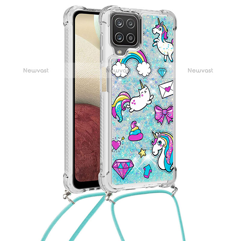 Silicone Candy Rubber TPU Bling-Bling Soft Case Cover with Lanyard Strap S02 for Samsung Galaxy A12 Sky Blue