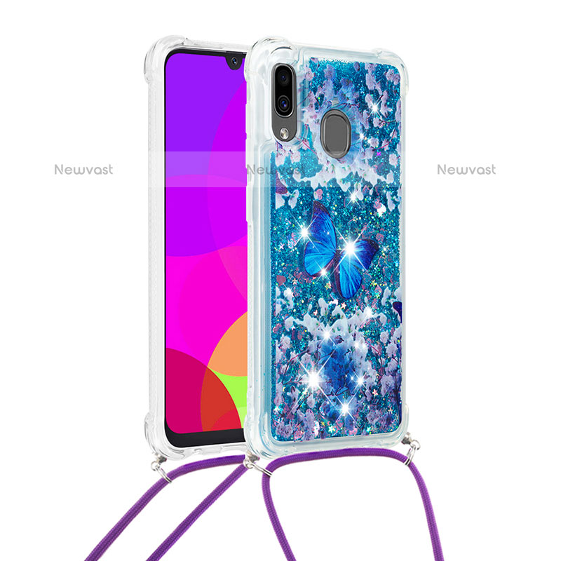 Silicone Candy Rubber TPU Bling-Bling Soft Case Cover with Lanyard Strap S02 for Samsung Galaxy A20 Blue