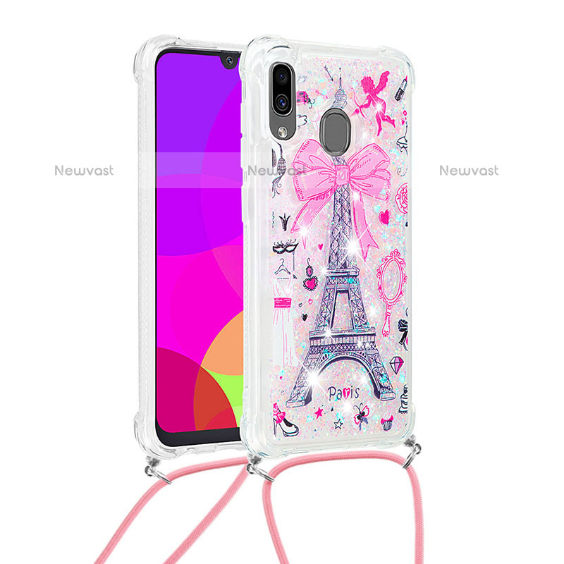 Silicone Candy Rubber TPU Bling-Bling Soft Case Cover with Lanyard Strap S02 for Samsung Galaxy A20 Pink