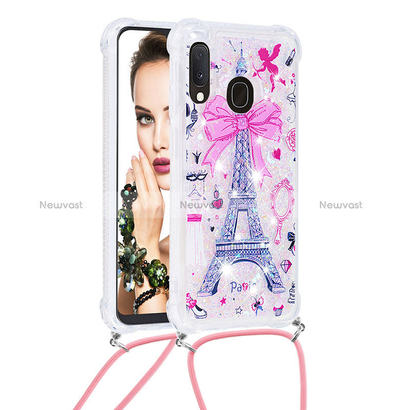 Silicone Candy Rubber TPU Bling-Bling Soft Case Cover with Lanyard Strap S02 for Samsung Galaxy A20e Pink