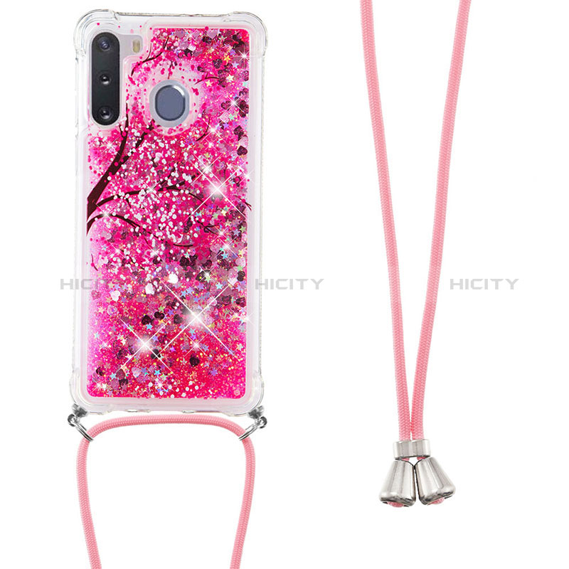 Silicone Candy Rubber TPU Bling-Bling Soft Case Cover with Lanyard Strap S02 for Samsung Galaxy A21 European Hot Pink