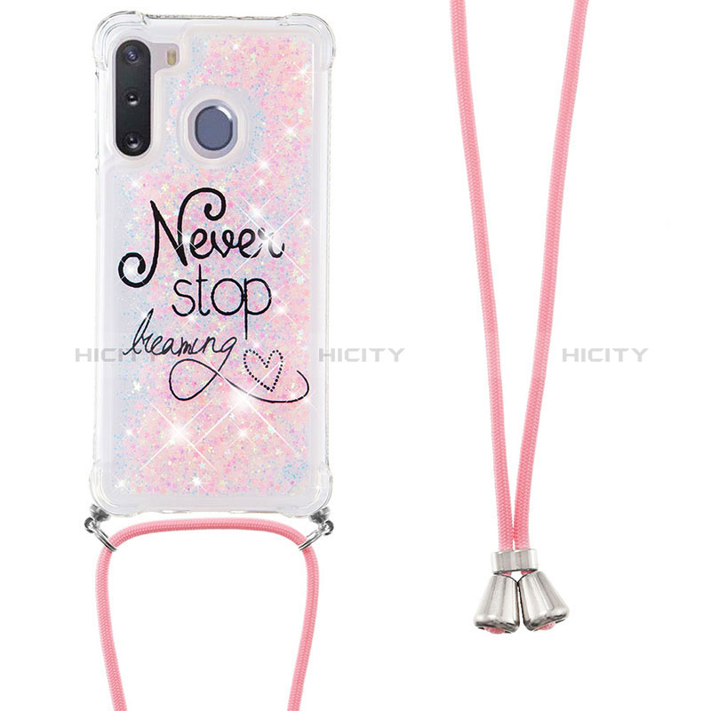 Silicone Candy Rubber TPU Bling-Bling Soft Case Cover with Lanyard Strap S02 for Samsung Galaxy A21 European Pink