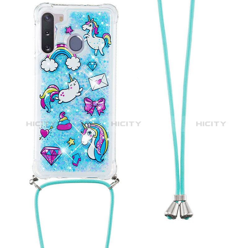 Silicone Candy Rubber TPU Bling-Bling Soft Case Cover with Lanyard Strap S02 for Samsung Galaxy A21 European Sky Blue