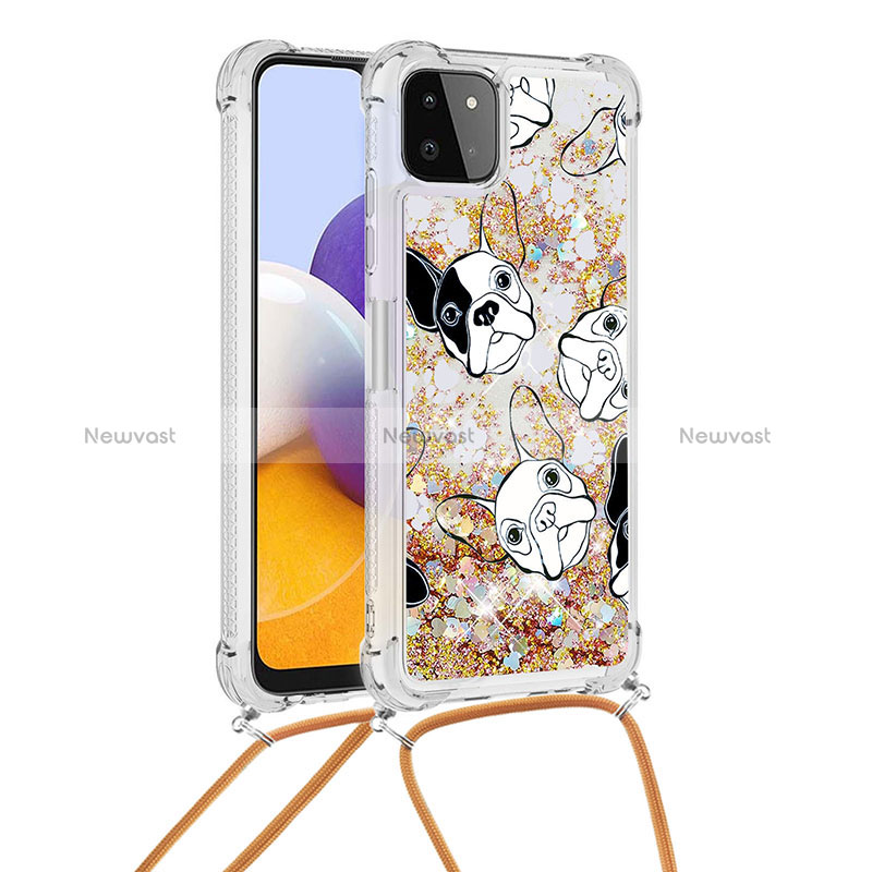 Silicone Candy Rubber TPU Bling-Bling Soft Case Cover with Lanyard Strap S02 for Samsung Galaxy A22 5G Gold