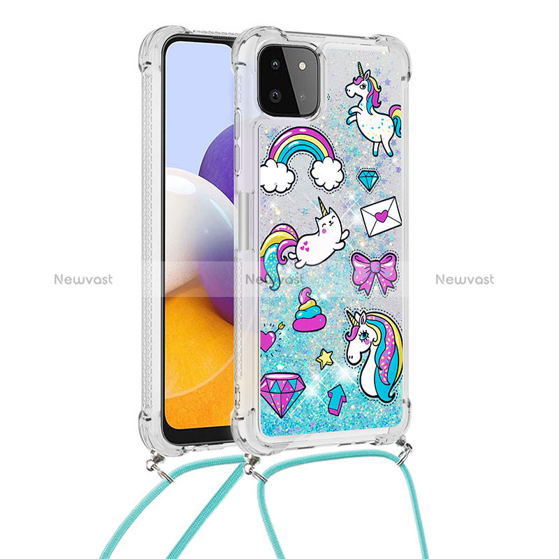 Silicone Candy Rubber TPU Bling-Bling Soft Case Cover with Lanyard Strap S02 for Samsung Galaxy A22 5G Sky Blue