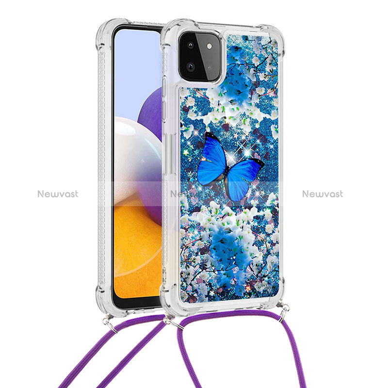 Silicone Candy Rubber TPU Bling-Bling Soft Case Cover with Lanyard Strap S02 for Samsung Galaxy A22s 5G Blue