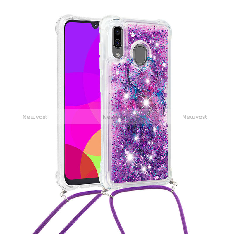 Silicone Candy Rubber TPU Bling-Bling Soft Case Cover with Lanyard Strap S02 for Samsung Galaxy A30 Purple