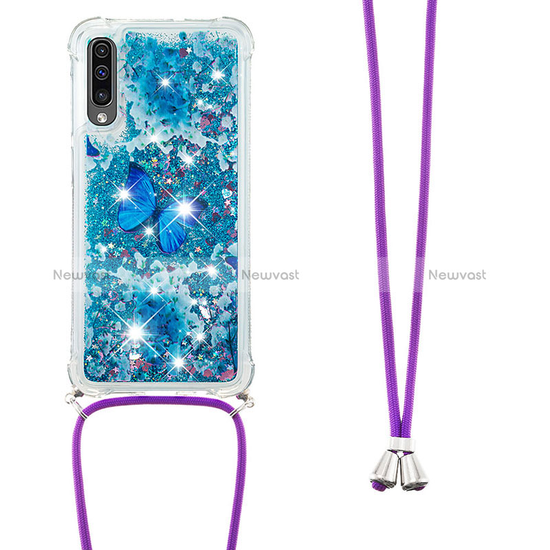 Silicone Candy Rubber TPU Bling-Bling Soft Case Cover with Lanyard Strap S02 for Samsung Galaxy A30S Blue