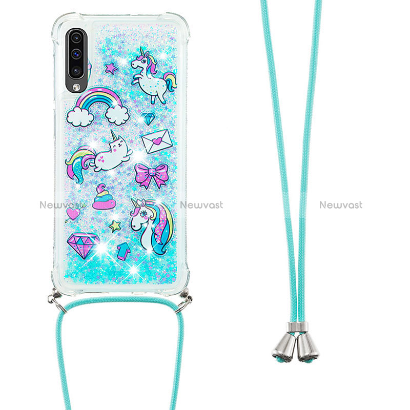 Silicone Candy Rubber TPU Bling-Bling Soft Case Cover with Lanyard Strap S02 for Samsung Galaxy A30S Sky Blue